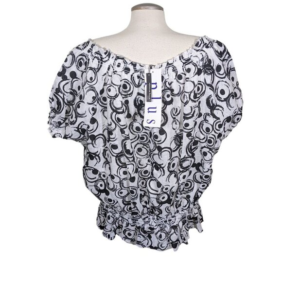 Marina Luna NEW Linen Top Womens 2X Black White Geometric Print Puff Sleeve Boho - Picture 6 of 7